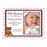 Teddy Bear Polkadot Baby Birth Announcement (pink) Postcards