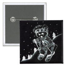 Teddy Bear Skiing in black and white Button