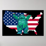 Teddy Bear,Statue of Libert and USA Map (Black) Print