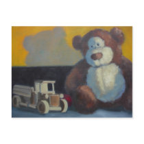 Teddy bear with wooden truck postcard