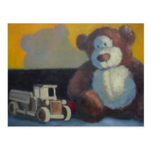 Teddy bear with wooden truck postcard