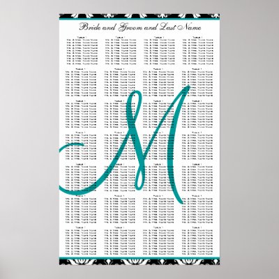Template Wedding Seating Chart Damask Teal Posters by monogramgallery