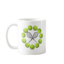 TENNIS RACQUET AND BALLS COFFEE MUGS