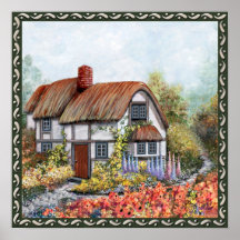 Thached Vintage Country Cottage Painting Poster