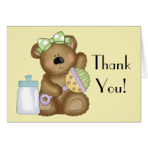 Thank You!-Baby Bear with Baby Bottle+Rattle Greeting Card