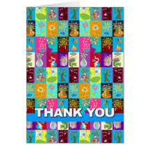Thank You Card Colourful Floral Mosaic Blue
