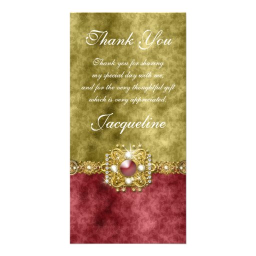 "thank you" gold red wedding party photo card