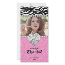 Thank You leopard zebra Lace Pearls Jewel Sweet 16 Customized Photo Card