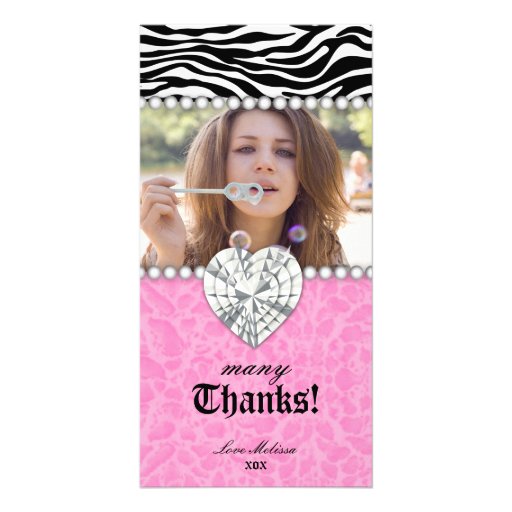 Thank You leopard zebra Lace Pearls Jewel Sweet 16 Customized Photo Card