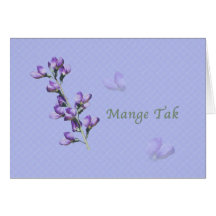 Thank You, Mange Tak, Danish, Purple Sweet Peas Cards