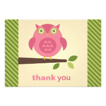 Thank You Note Card | Pink Owl Theme Custom Announcement