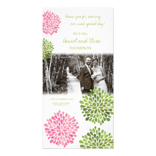Thank You Pink & Green Blooms Wedding Photo Photo Card Template