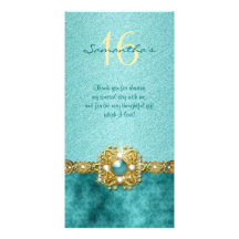 "thank you" "sweet sixteen" teal gold gems customized photo card