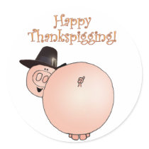 "Thankspigging" Funny Cartoon Pig Thanksgiving Stickers