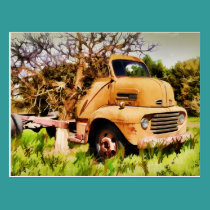 The old truck and tree painting on a  post card. postcards