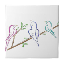 Three birds sitting on a branch ceramic tile