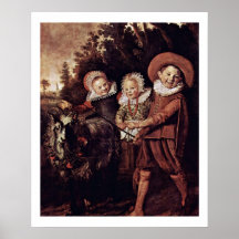 Three Children With Goat And Wagon By Hals Frans Poster