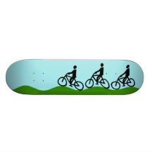 Three cyclists skateboards
