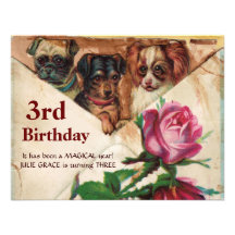 THREE DOGGIES WITH ROSES,3rd Birthday Parchment Personalized Invitation