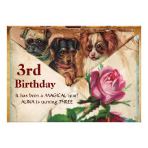 THREE DOGGIES WITH ROSES,3rd Birthday Parchment Custom Invite
