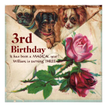 THREE DOGGIES WITH ROSES,Third Birthday Parchment Custom Invite