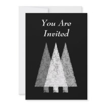 Three Festive Trees. White on Black. Personalized Invitation