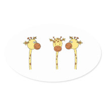 Three Giraffes Cartoon. Oval Stickers