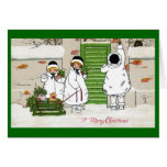 Three Girls and Pig in Sled Vintage Christmas Cards
