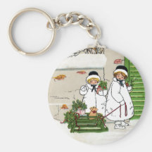Three Girls and Pig in Sled Vintage Christmas Keychain