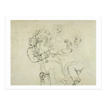 Three men and a woman drinking (pen & ink and w/c postcards