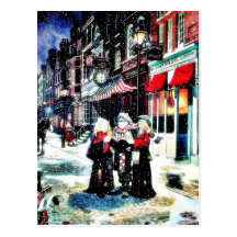 Three persons standing on a street singing christm postcards