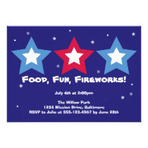 Three stars food fun fireworks 4th of July party Invites
