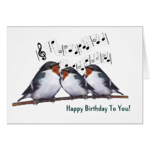 Three Swallows Singing Happy Birthday: Oil Pastel Card
