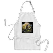three very cute young raccoons with bird apron