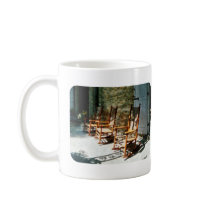 Three Wooden Rocking Chairs on Sunny Porch Mug