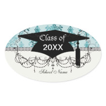 tiffany blue and aquas distressed damask oval sticker