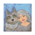 Titled: Wolf Woman - fun modern folk art painting Fridge Magnets