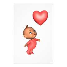 Toon Baby with Pink Heart Balloon Stationery