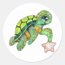 Tortue de mer et étoiles de mer adhésif rond