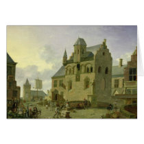 Town square with figures and peasants trading greeting card