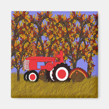 Tractor by Autumn Trees and Turkeys 2 Fridge Magnets