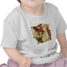 Traditional bear riding a rocking horse t shirts