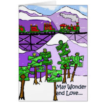 Train and puzzle trees Christmas Card autism