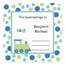 Train Plane Book Plate Label Blue Green Dot Square Sticker