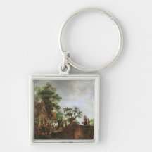 Travellers by an Inn (oil on canvas) Key Chains
