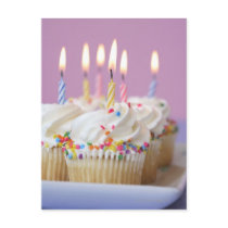 Tray of birthday cupcakes with candles post cards