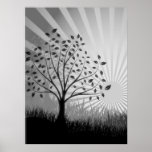 Tree Leaves Grass Silhouette & Sunburst - B&W Poster