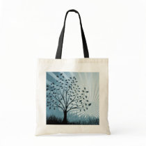 Tree Leaves Grass Silhouette & Sunburst - Blue Bags