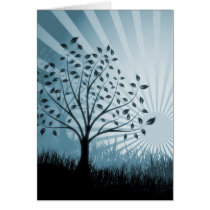 Tree Leaves Grass Silhouette & Sunburst - Blue
