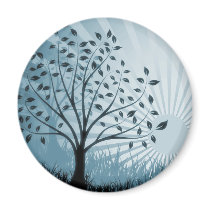 Tree Leaves Grass Silhouette & Sunburst - Blue